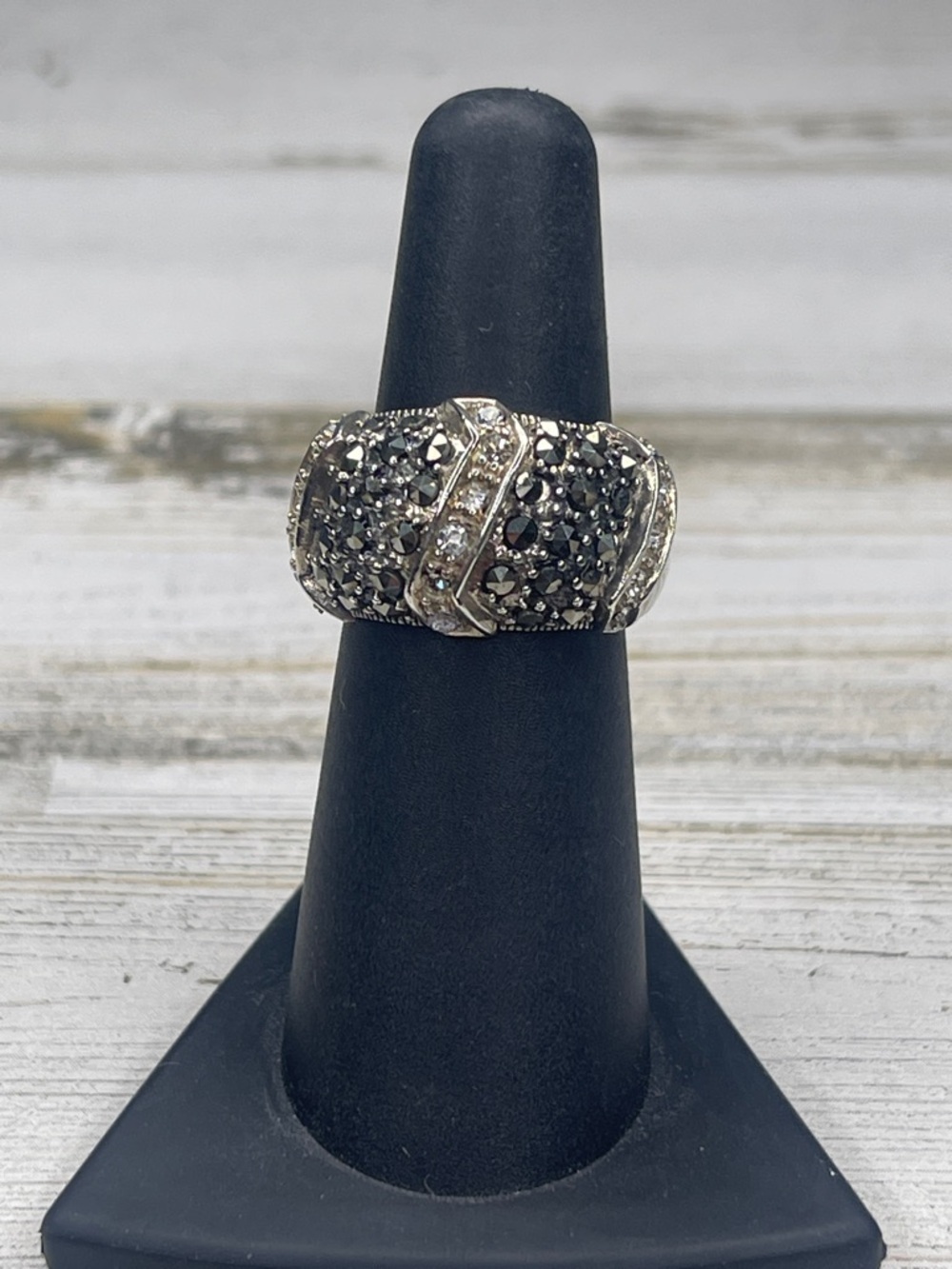 Sterling Silver Marcasite Crystal Wide Band Statement Ring - Picture 8 of 8